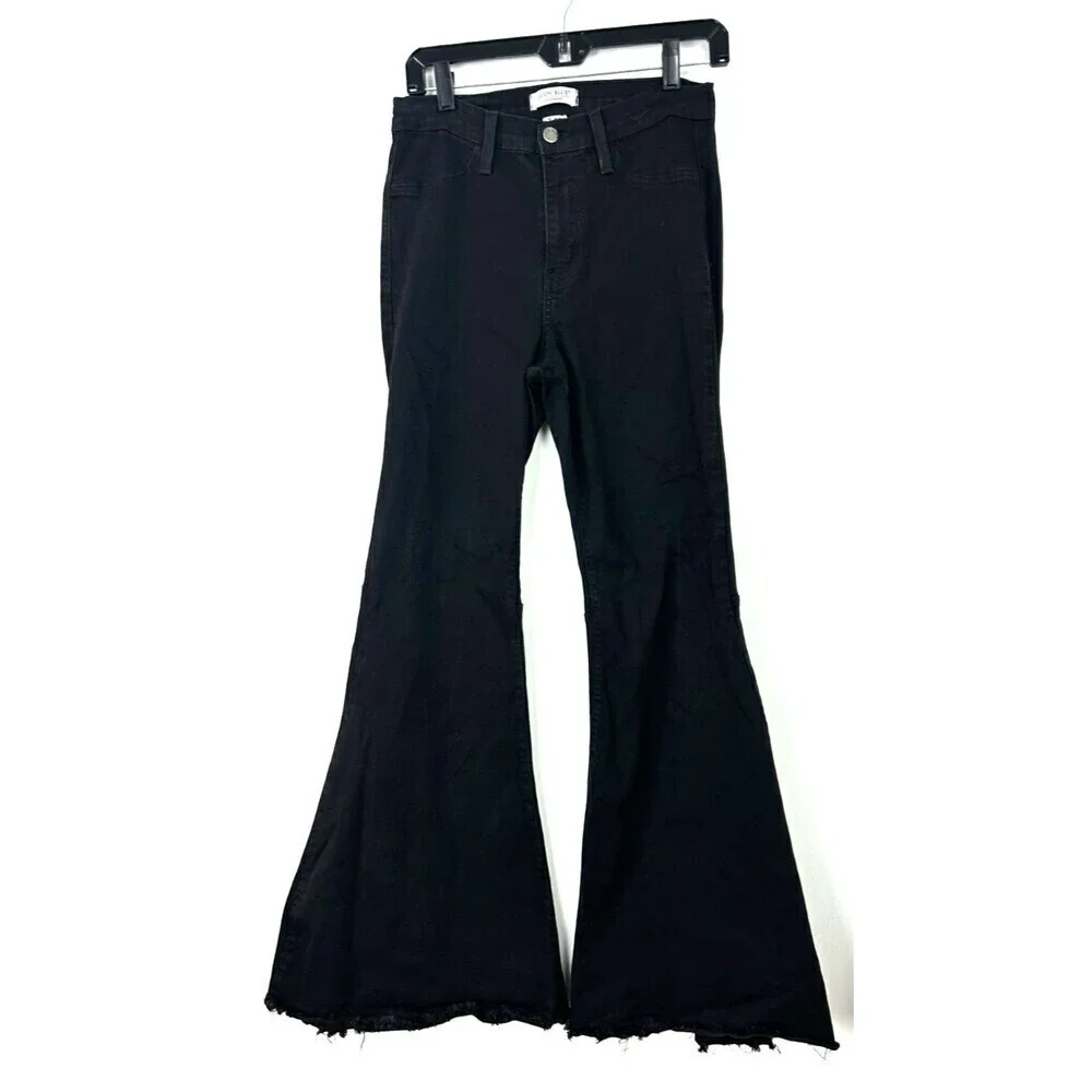 Judy Blue Jeans Womens Sz 7 Black Super Flare High Rise Dark Wash Raw Hem 1083U4