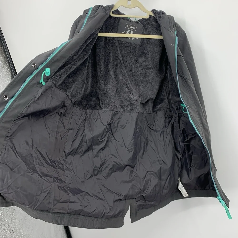 LL Bean Kids Girls Size XL 18 Jacket‎ Gray Coat Fleece Lined Long Hood Stretch