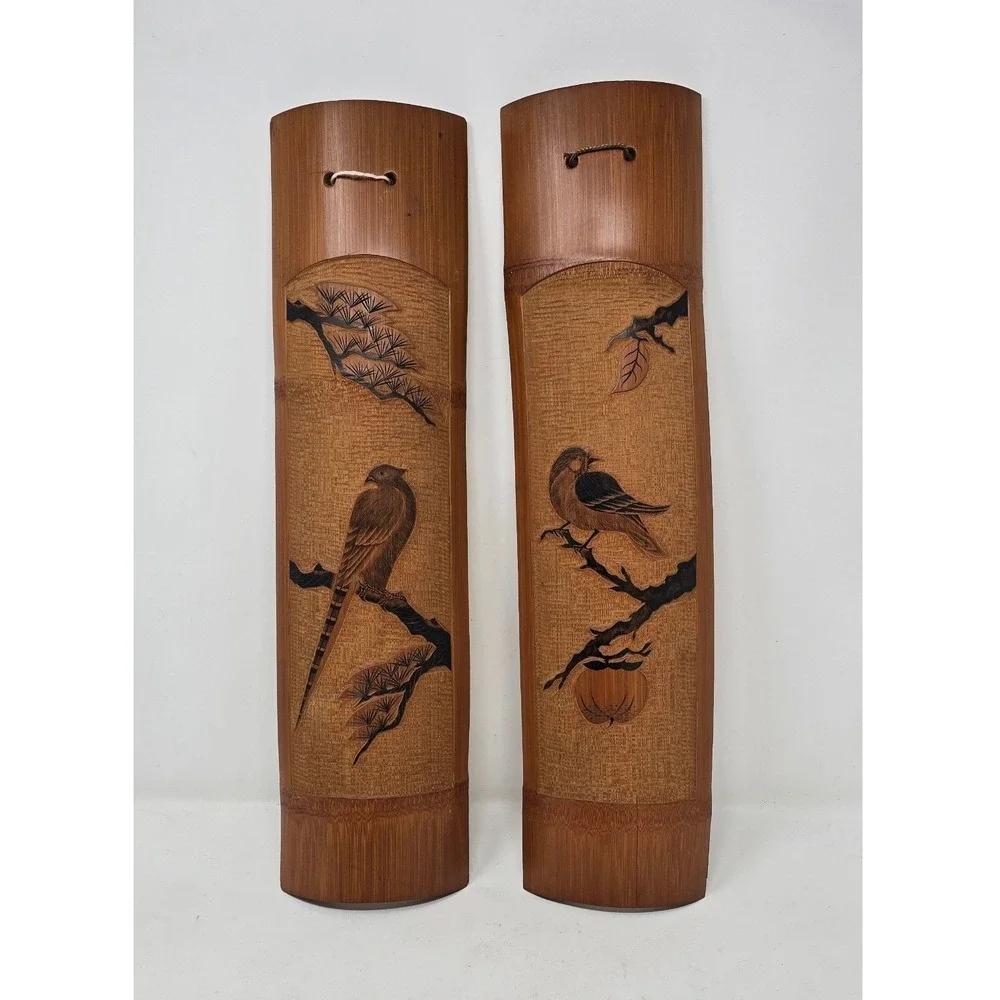 Vtg Japanese carved bamboo wall decor birds Wabi Sabi Boho Chic Eco-Friendly