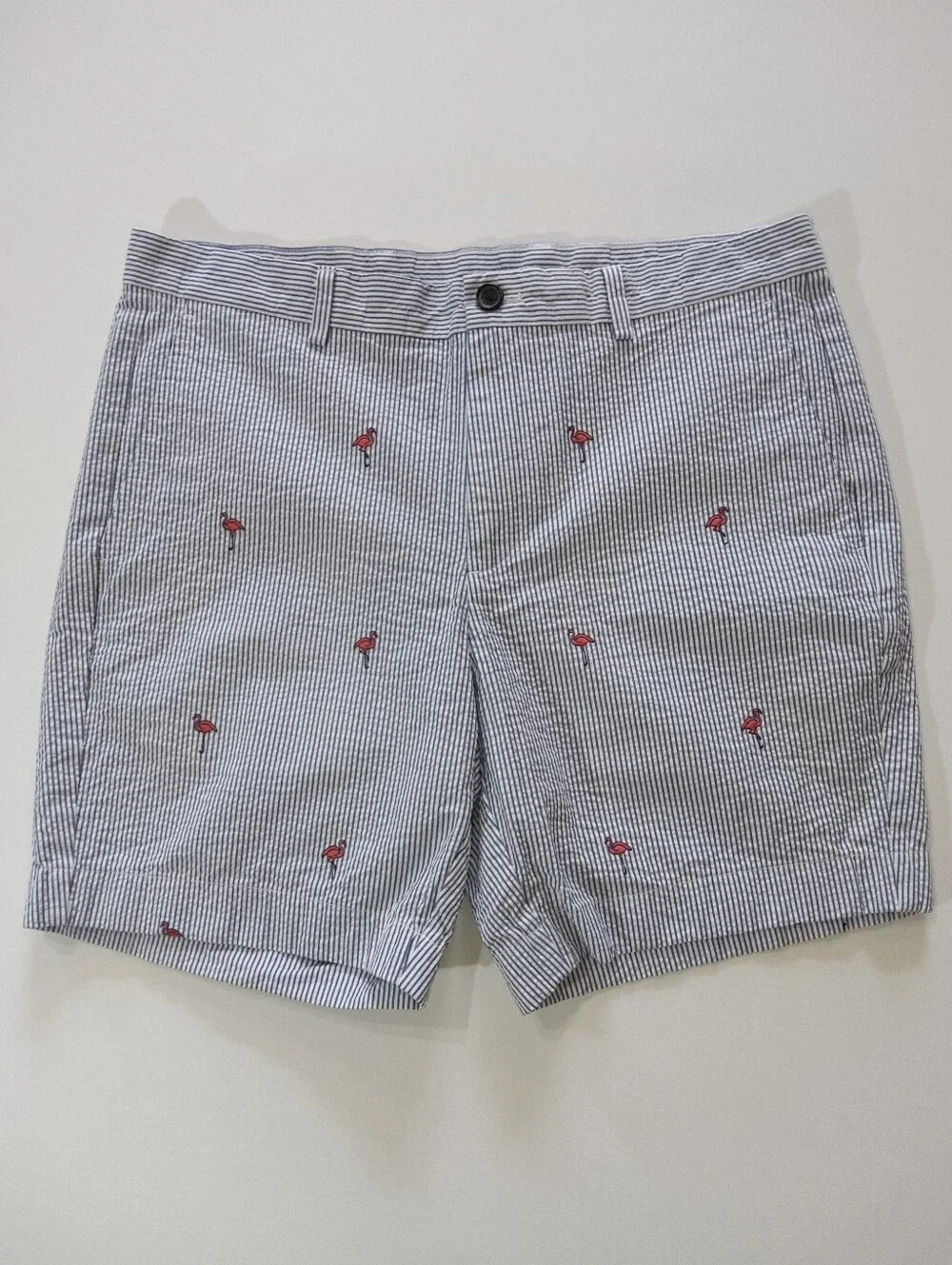 Brooks Brothers Seersucker Shorts Mens 35 Blue White Flamingo Print Coastal Prep
