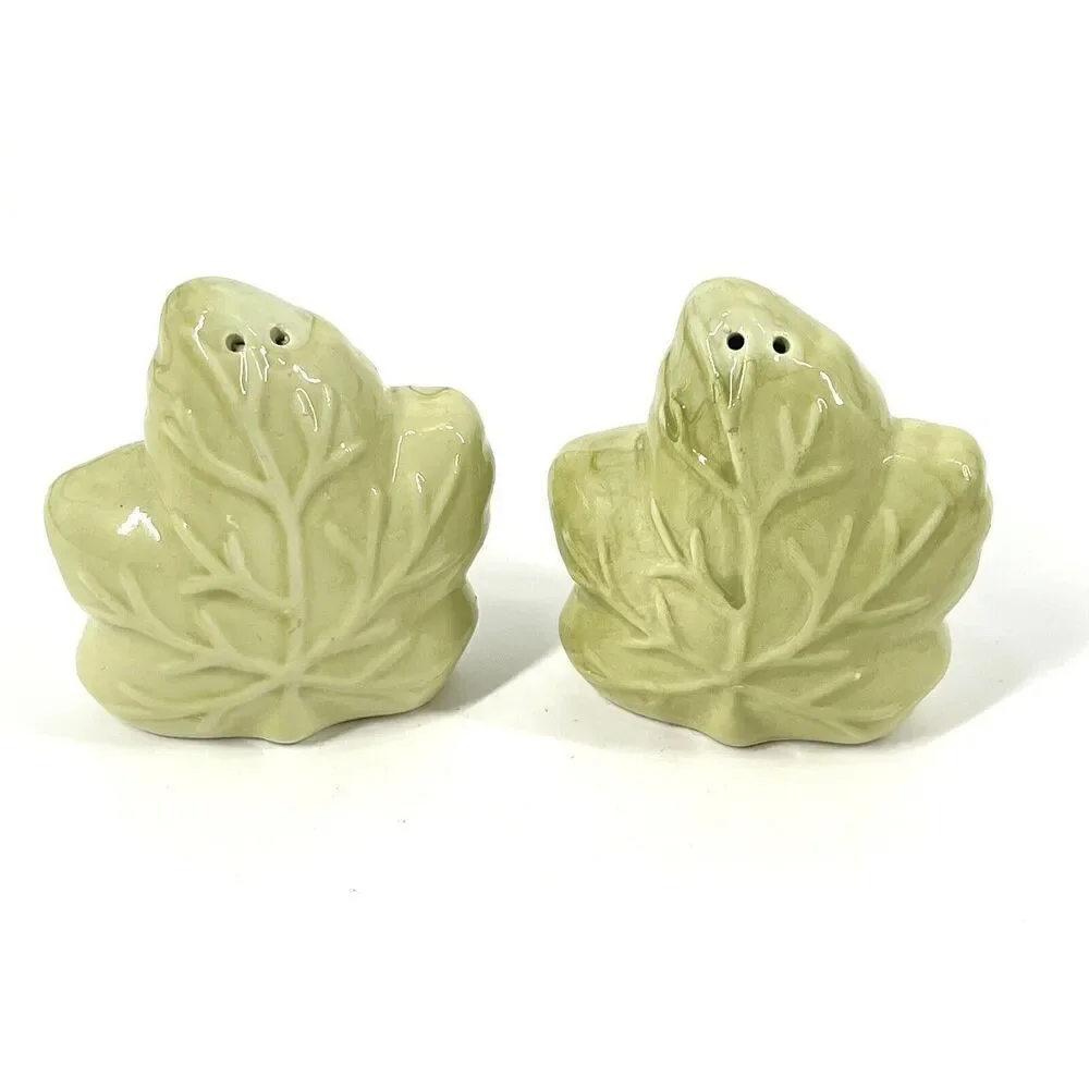 Green Leaf Ceramic Salt And Pepper Shakers Vintage 3” Hand Painted