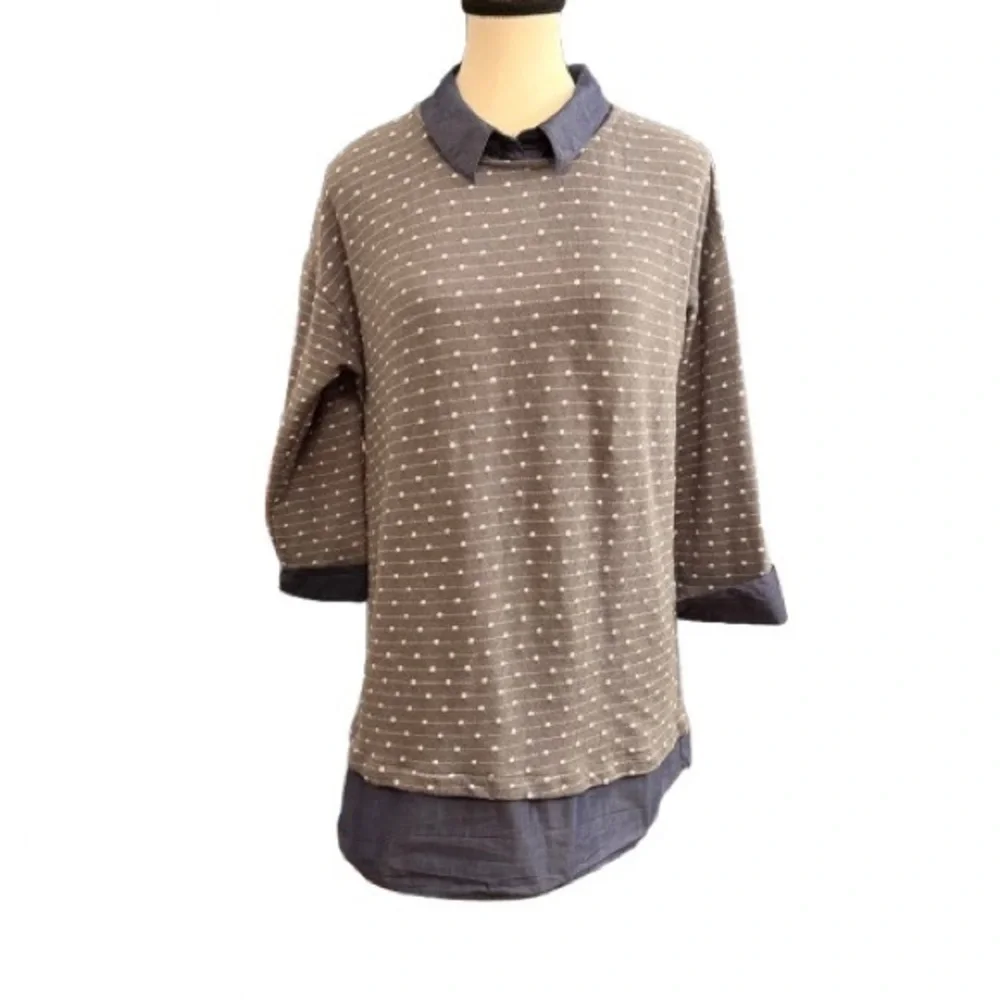 Ann Taylor Women’s M Gray Polka Dot Sweatshirt Top Navy Collar Layered Look