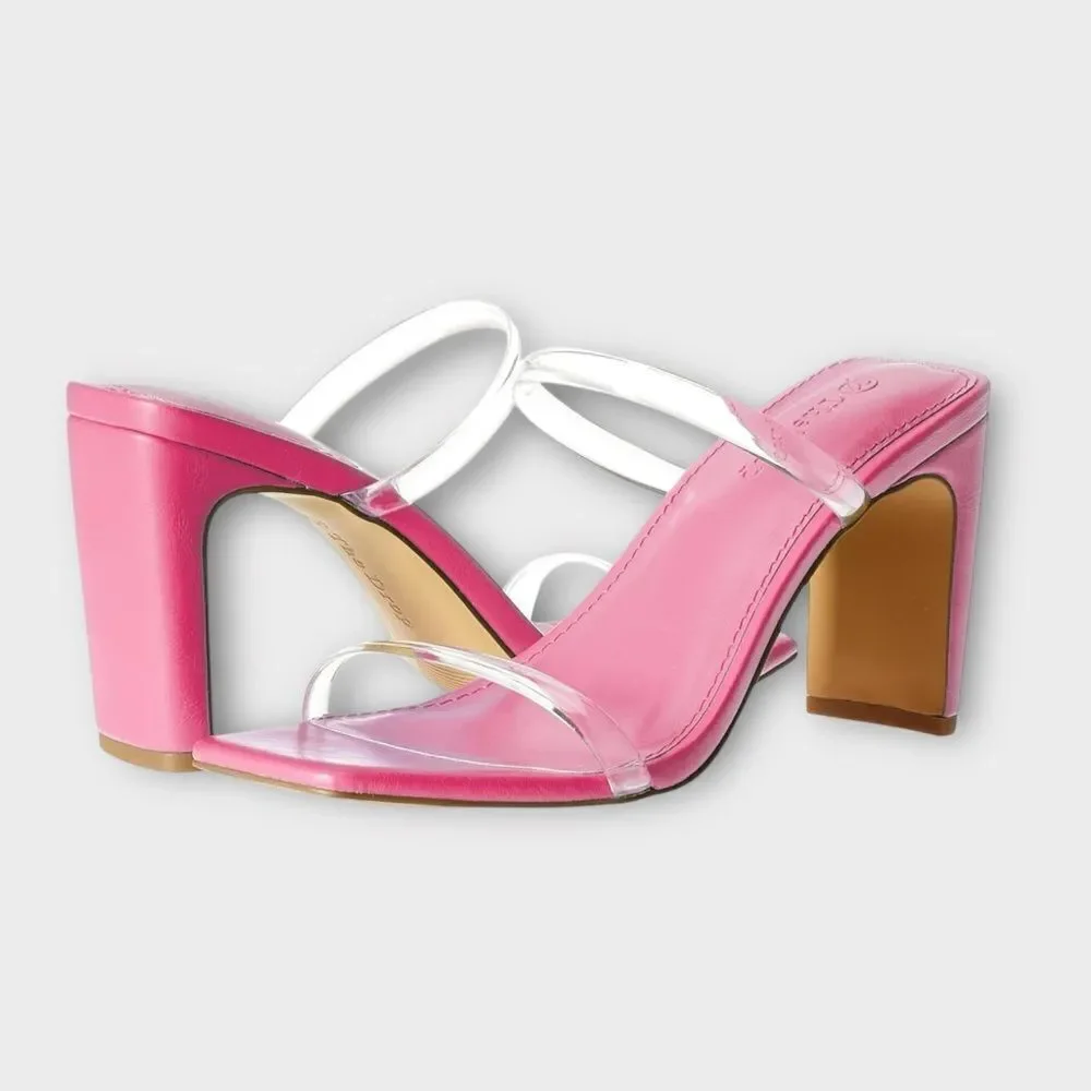 The Drop Women's Pink/Clear Avery Square Toe Two Strap High Heeled Slide Size 9