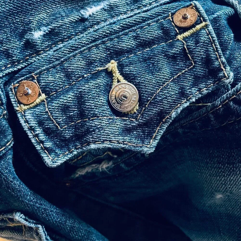 TRUE RELIGION STRAIGHT LEG MED WASH FLAP POCKET JEANS Sz 36
