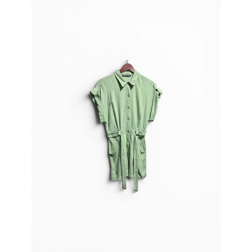 Zara Linen Romper Women's Small Green Utility Belt Coastal Beach Shortalls