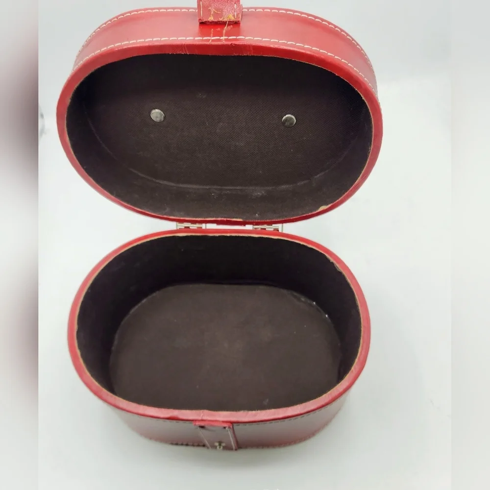 Vintage Style Faux Leather Burgundy Oval Storage Case Contrast White Stitching