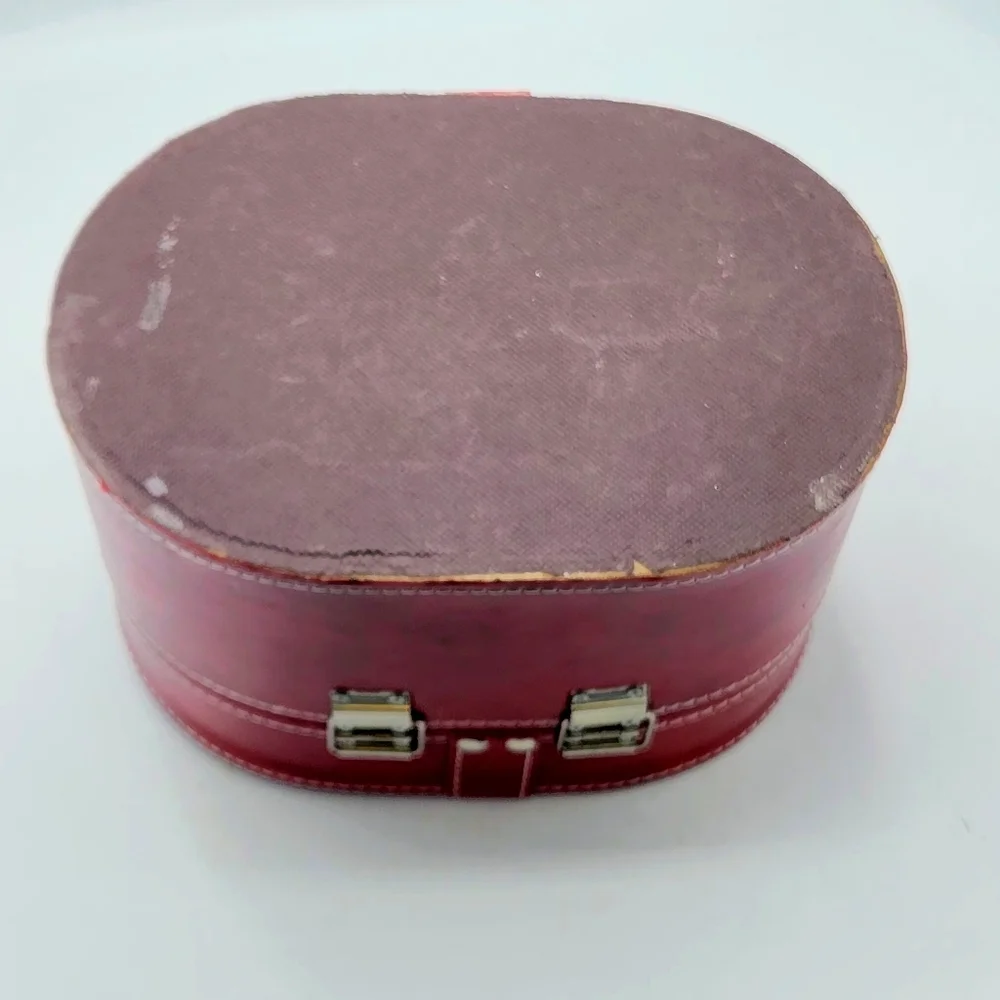 Vintage Style Faux Leather Burgundy Oval Storage Case Contrast White Stitching