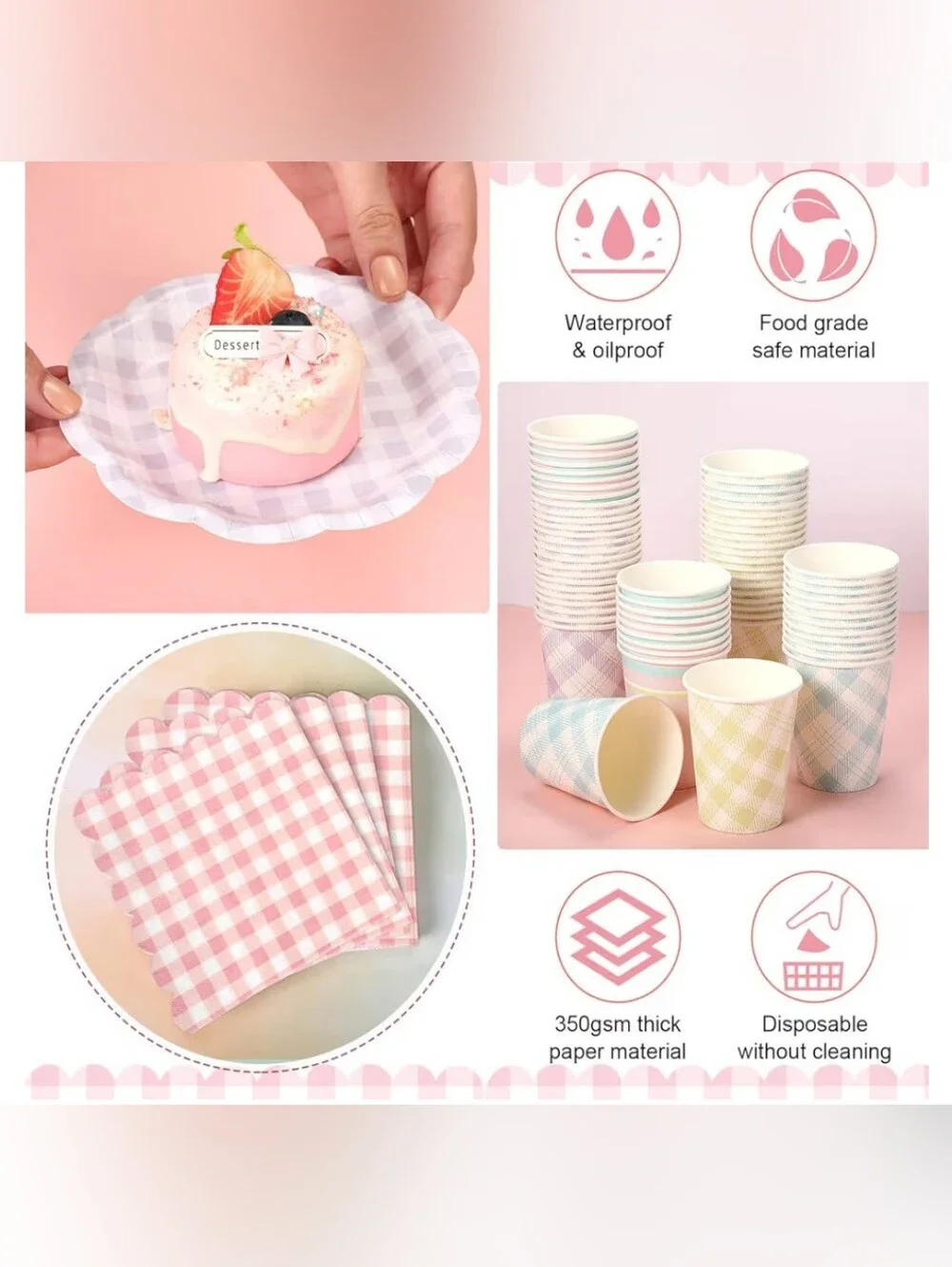 Pastel Gingham Party Paper Dessert Tableware Set - Pink, Blue, Yellow, Lavender