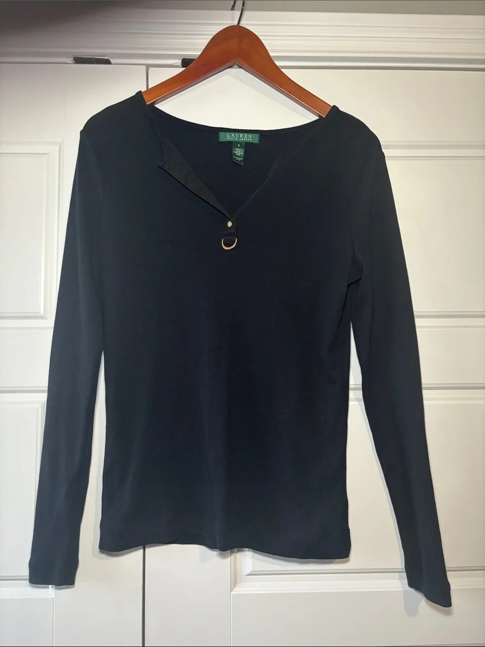 Lauren Ralph Lauren Black Long-Sleeve Top with Small Gold Ring Accent