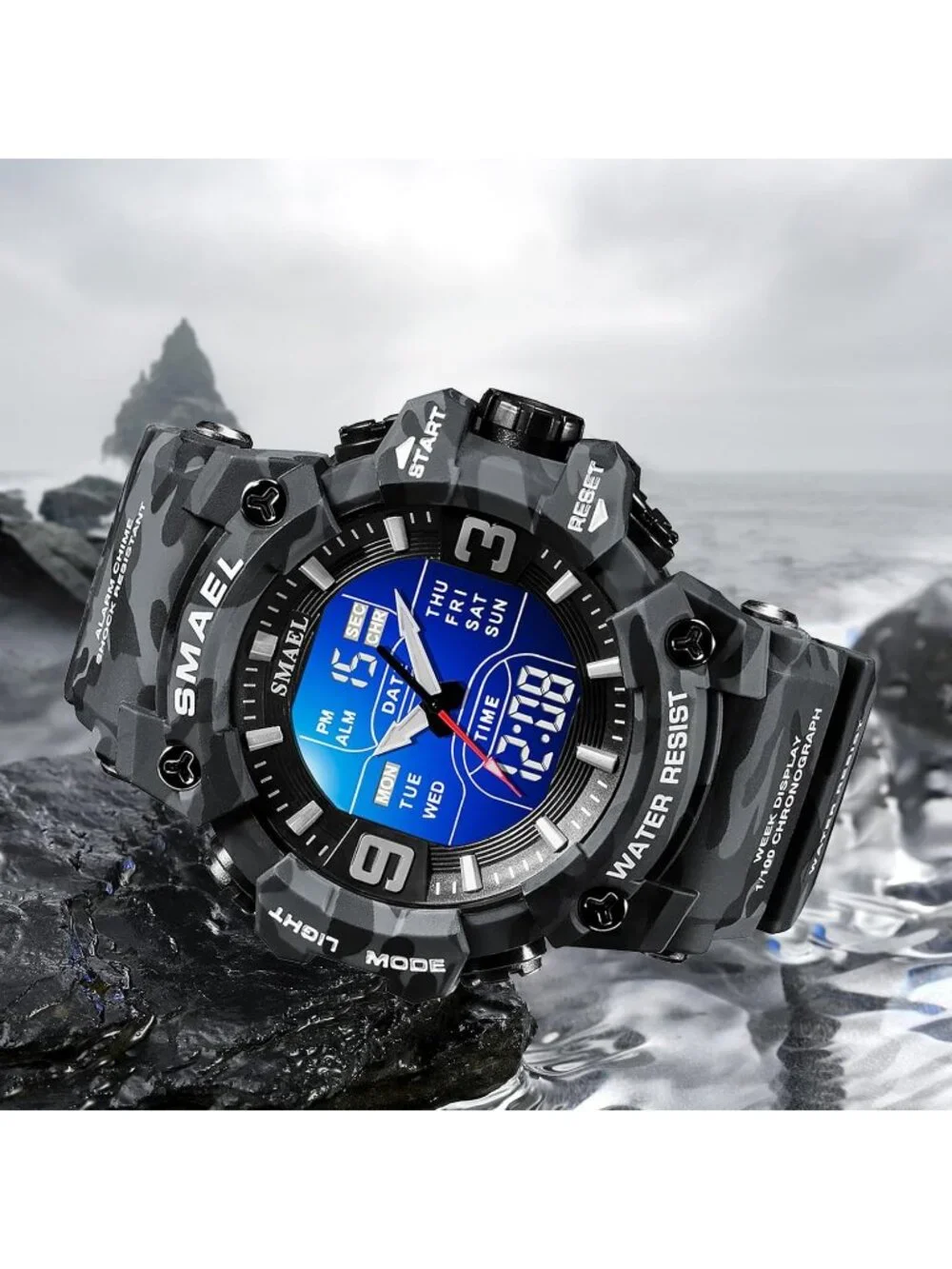 Men's Camouflage Gray Analog Luminous Waterproof LED Electronic Digital Watch