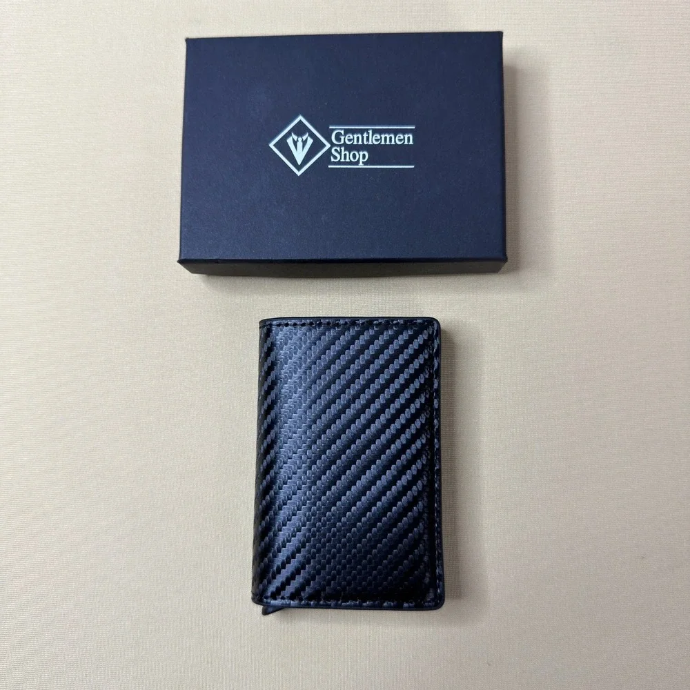 NEW Gentlemen Shop Carbon Fiber Leather Trifold Wallet RFID‎ Pop Up Card Holder