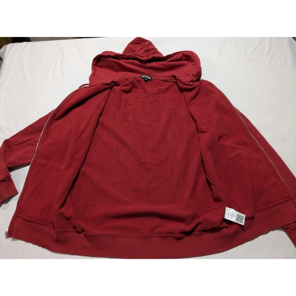 True Religion Buddha Hoodie - Men Large Burgundy Zip‎ Double-Sided