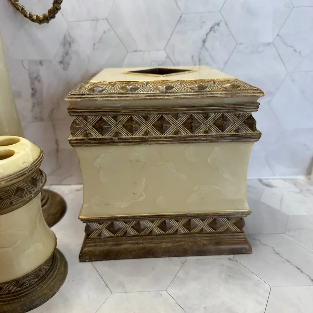 Vtg Towel Tree Tissue Cup Brunswick India Ink Bathroom Accessory Set Faux Marble