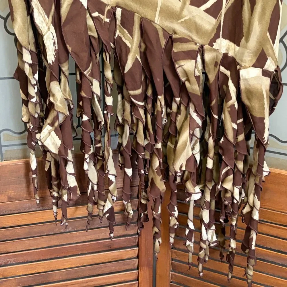 Y2K Fringe Hem Midi Skirt Brown Abstract Print Boho 90s Vintage Skirt Size 1X