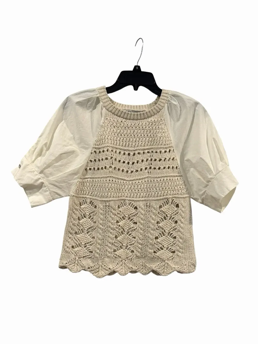 Zara Combination Top Crochet Poplin Puff Sleeves Size M Preppy Cotton