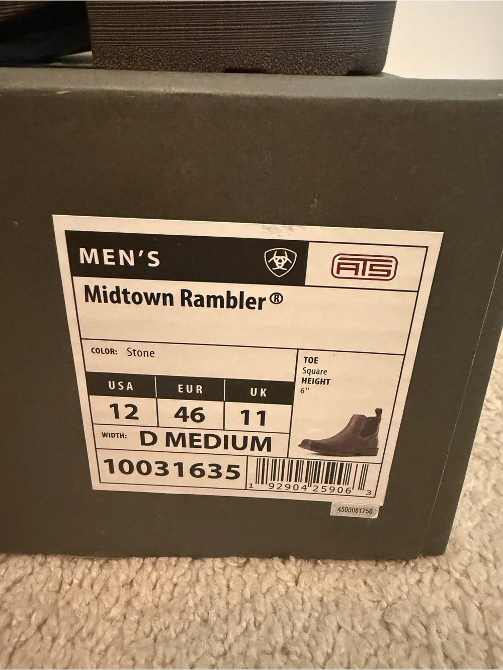 Ariat Midtown Rambler NIB Boots Men's Size 12 D Stone Brown Square Toe 10031635