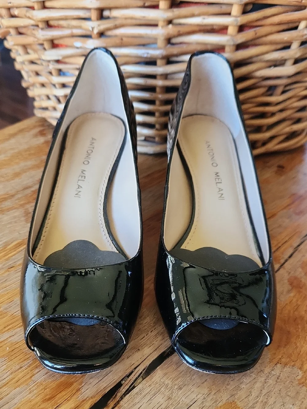 Black patten leather‎ peep toe pumps