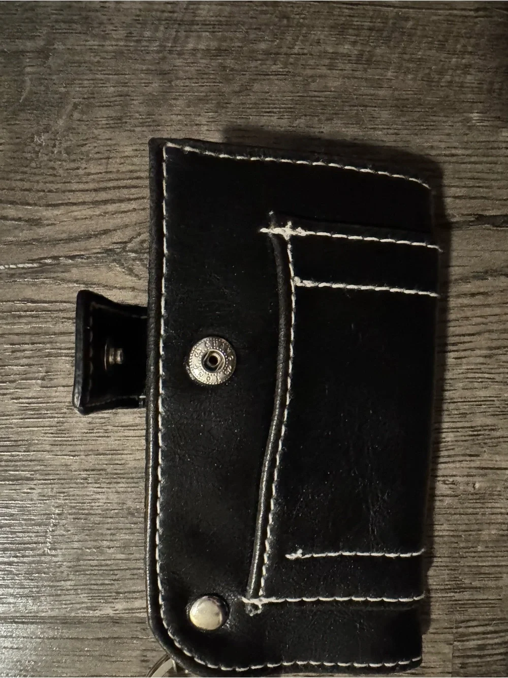 Black Leather Zip Key Wallet with White Stitching