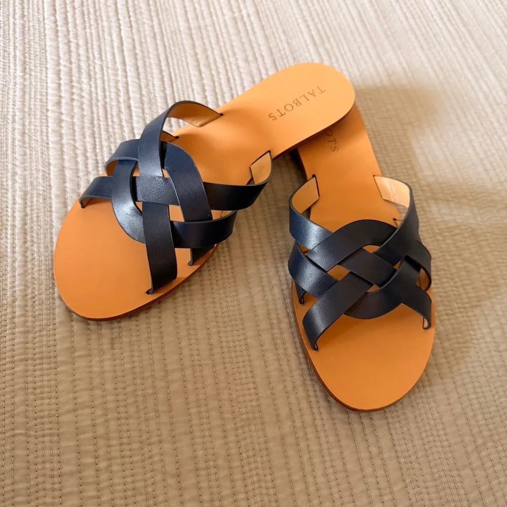 Talbots Womens Navy Blue Leather Woven Criss Cross Slide Sandals Size 7 Flat