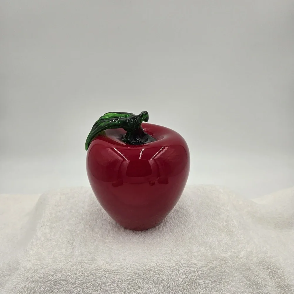 Vtg Mikasa Hand Blown Glass Fruit Large Red Apple w/ Green Leaf 6