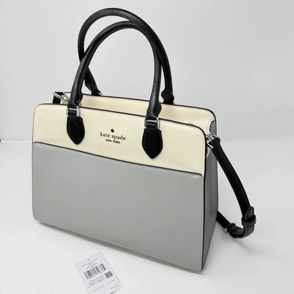 Kate Spade Madison Colorblock Saffiano Medium Satchel Bag Cream/Plat. Gray/Black