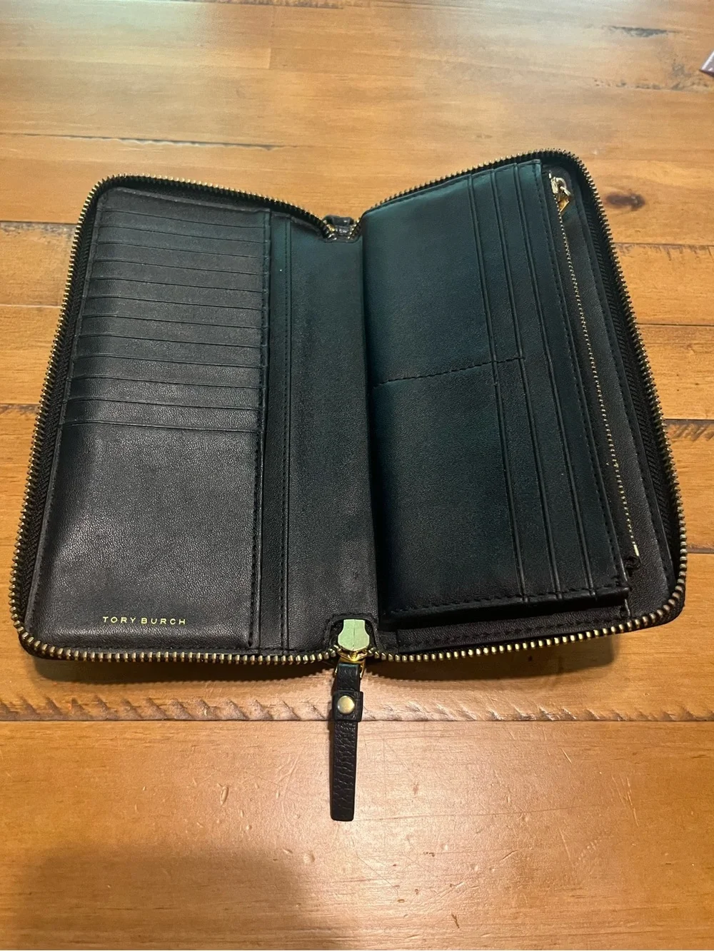 Tory Burch Black Pebbled Leather Zip-Around Wristlet with Gold Logo