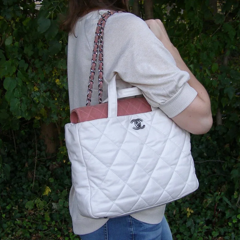 💖 CHANEL Portobello White Quilted Leather & Pink Suede Tote/Shoulder Bag