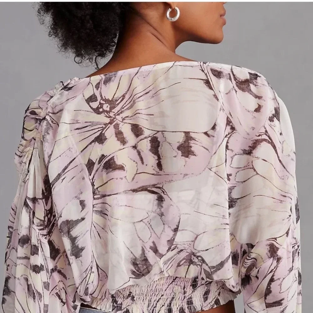 Anthropologie Sheer Cropped Puff Sleeve Abstract Print Top‎ S