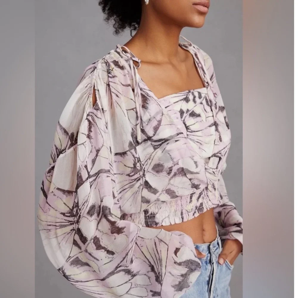 Anthropologie Sheer Cropped Puff Sleeve Abstract Print Top‎ S