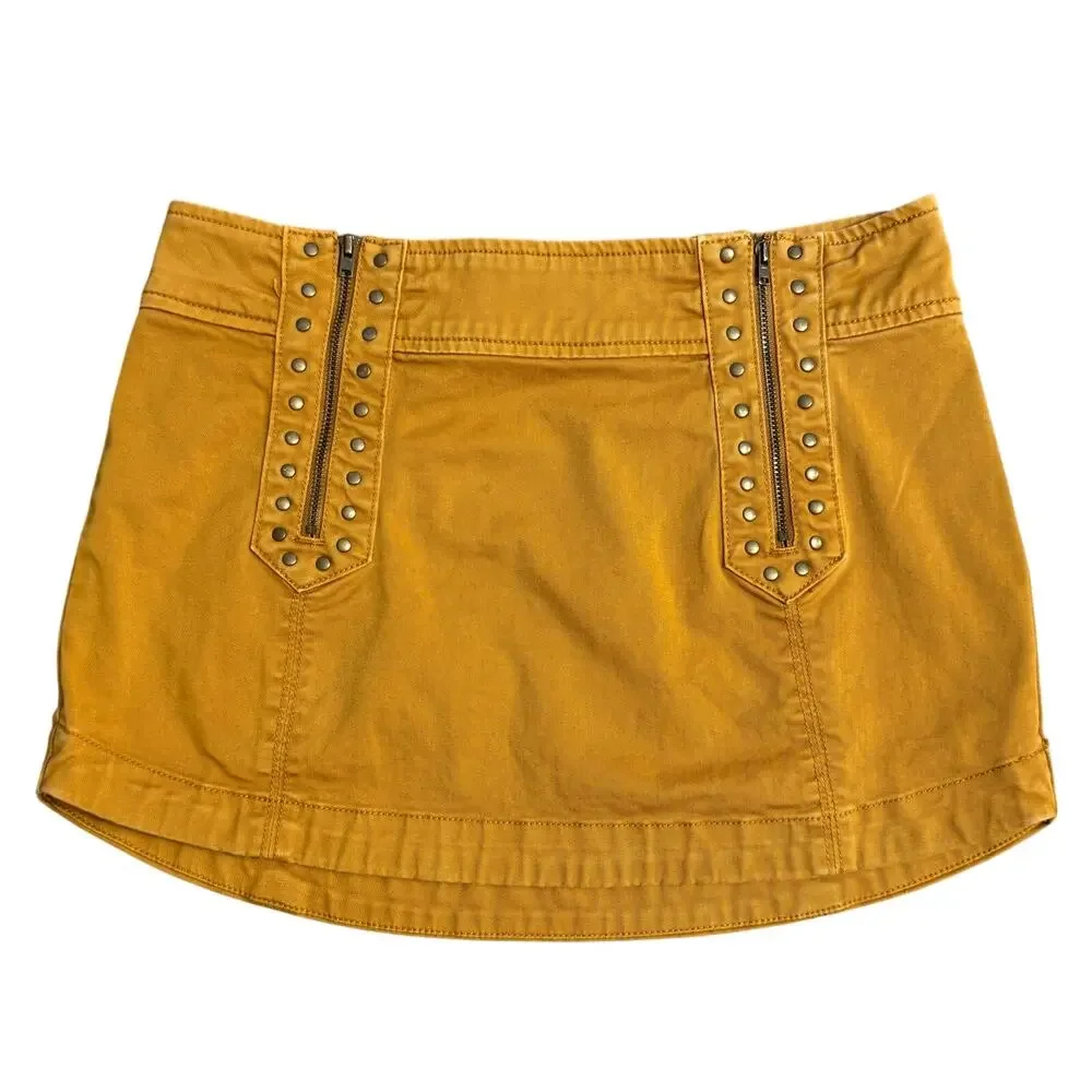 Free People Mini Skirt Zippers Metal Studs Mustard Bohemian Punk Women’s Size 2