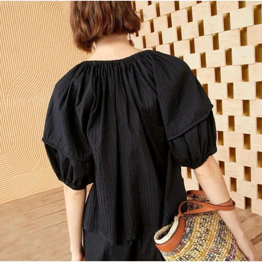 Ulla Johnson Laurenza Blouse Top Solid Pintuck Black Cotton Resort 2