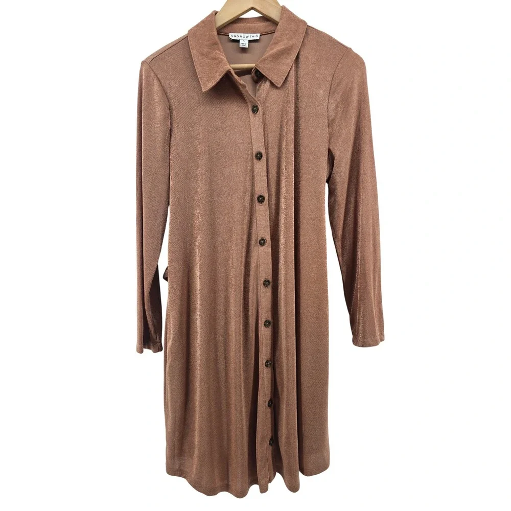 AND NOW THIS Shirt Dress Womens XL Copper Metallic Button Front Tie Waist Mini