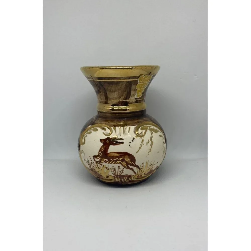 Vintage‎ H Bequet Brown Stag Deer Hand Painted Porcelain Vase Belgium