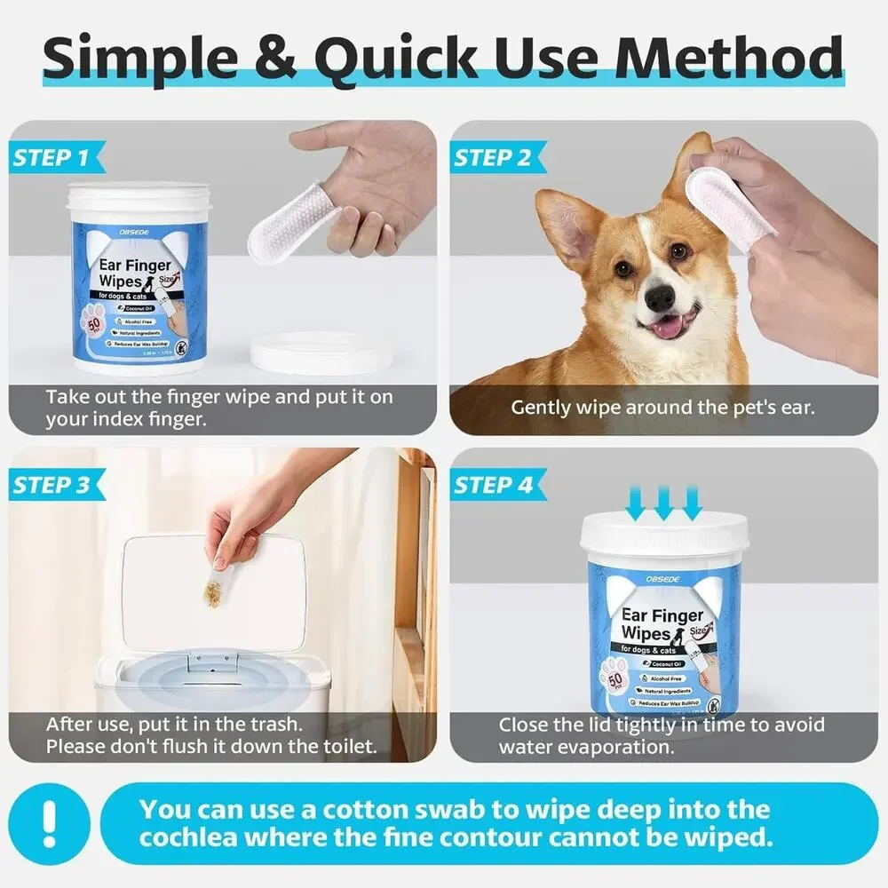 OBSEDE Extra Large Dog Ear Wipes & Cat Ear Cleaner 50 Ct Wide Pet Finger Wipes