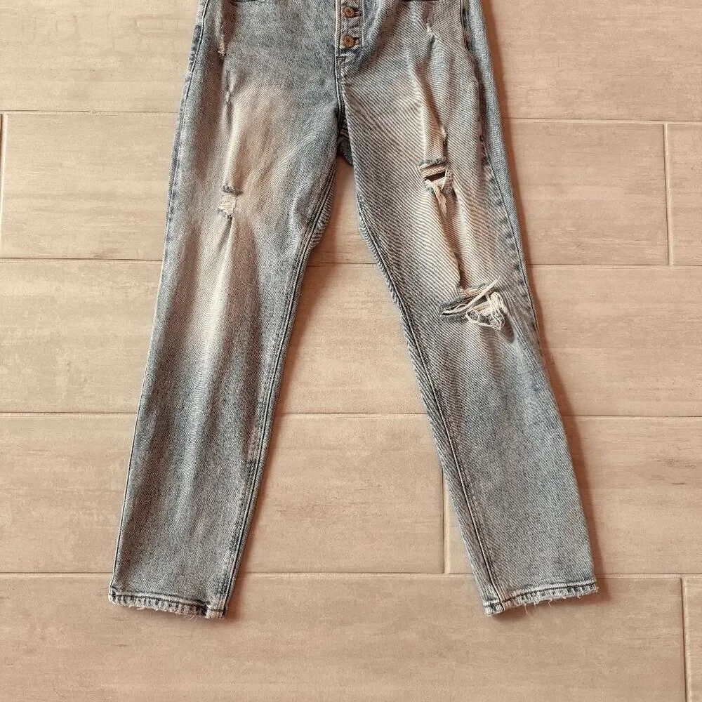 Old Navy Power Slim Straight High Rise Jeans Distressed Light Button Fly Ripped