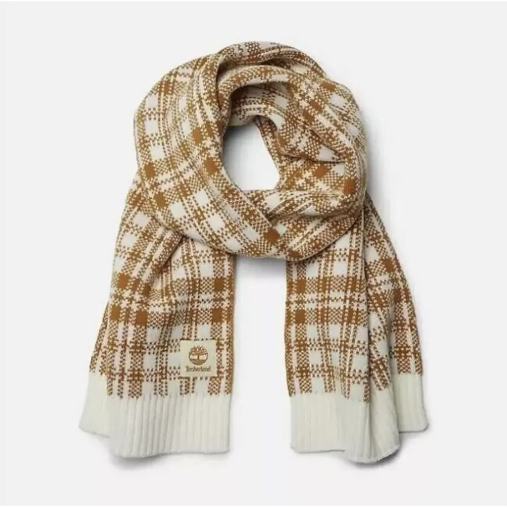 Timberland Scarf Wheat Buffalo Plaid Knit One Size 64 In X 10 In‎ Ribbed Trim