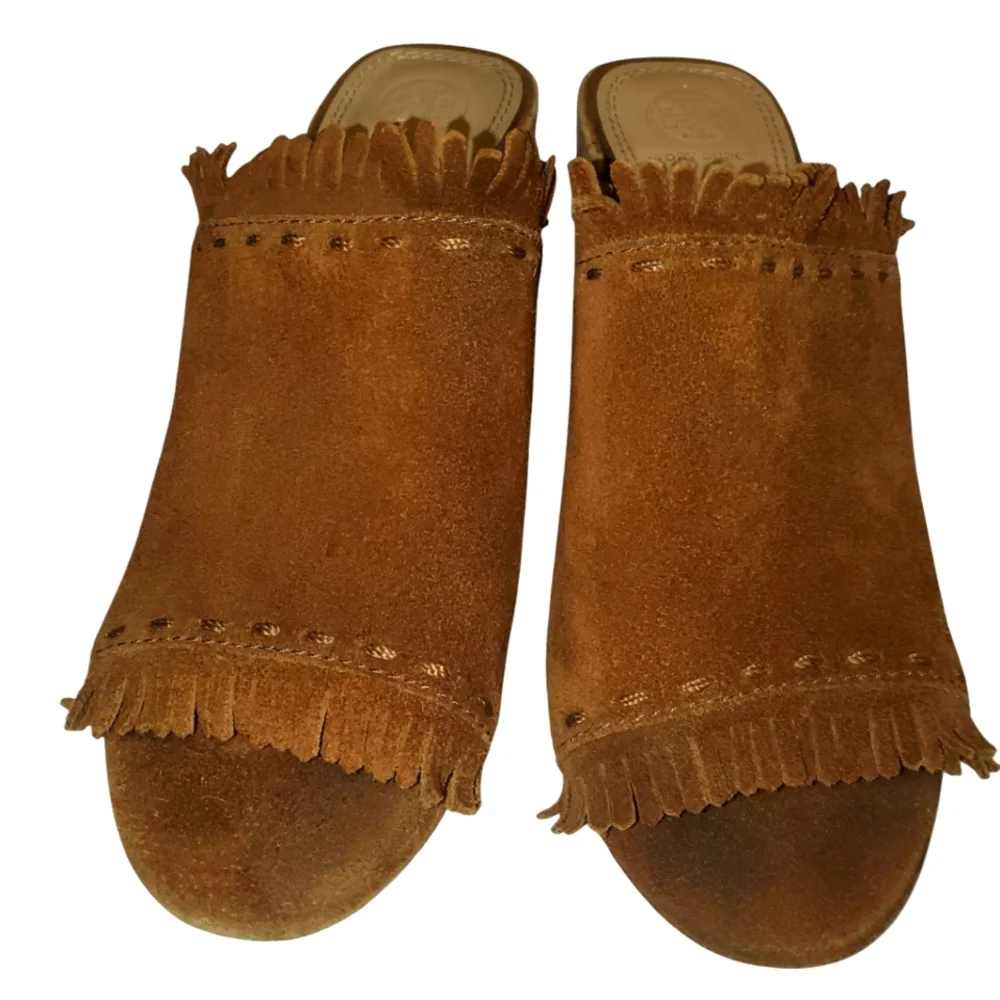 TORY BURCH Huntington Brown Suede Fringe Cork Block Heel Slide-on Sandal Size 9M