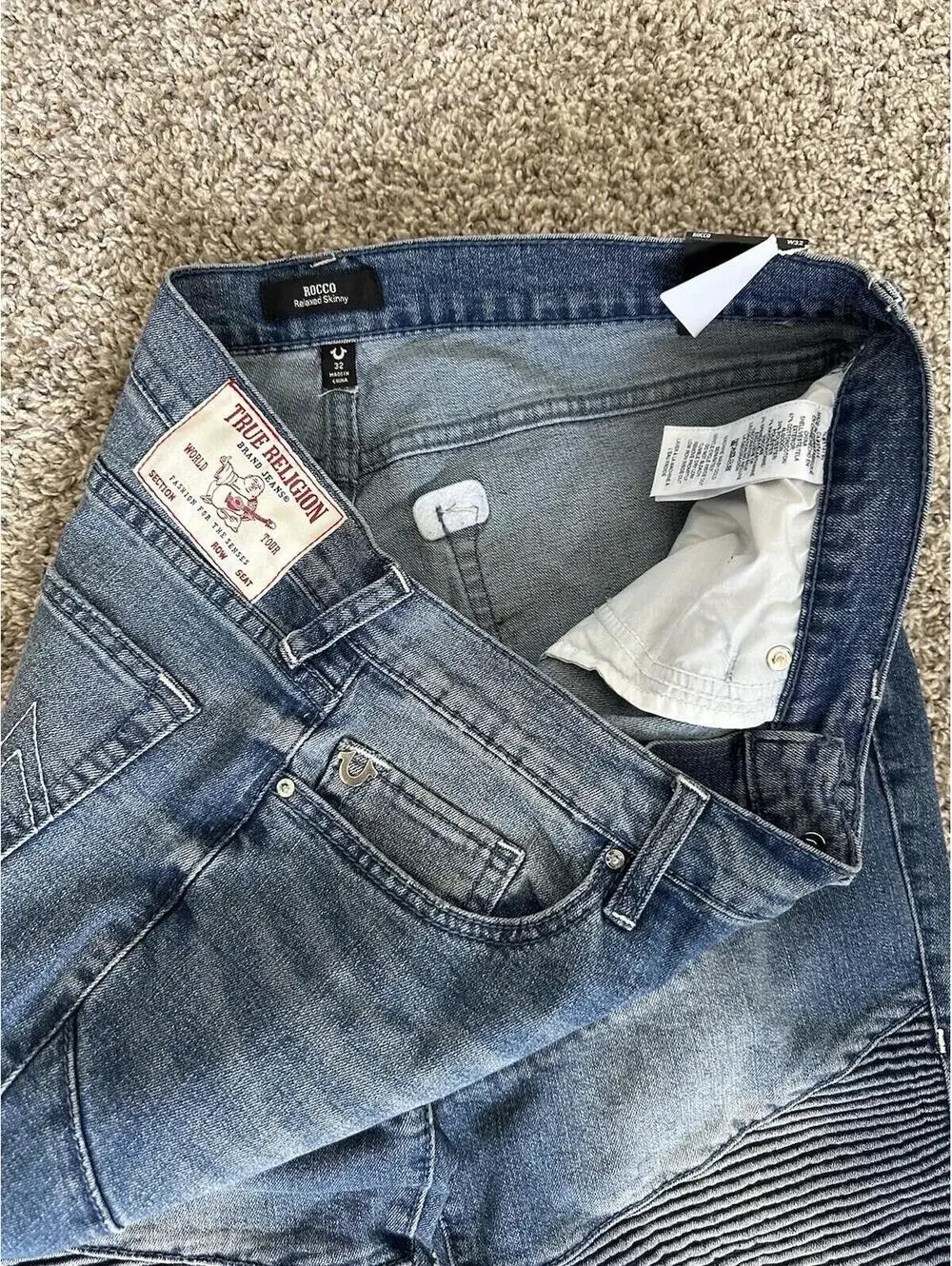 True Religion Rocco Moto Biker Rider Relaxed Skinny Jeans Stretch Size 32x32 New