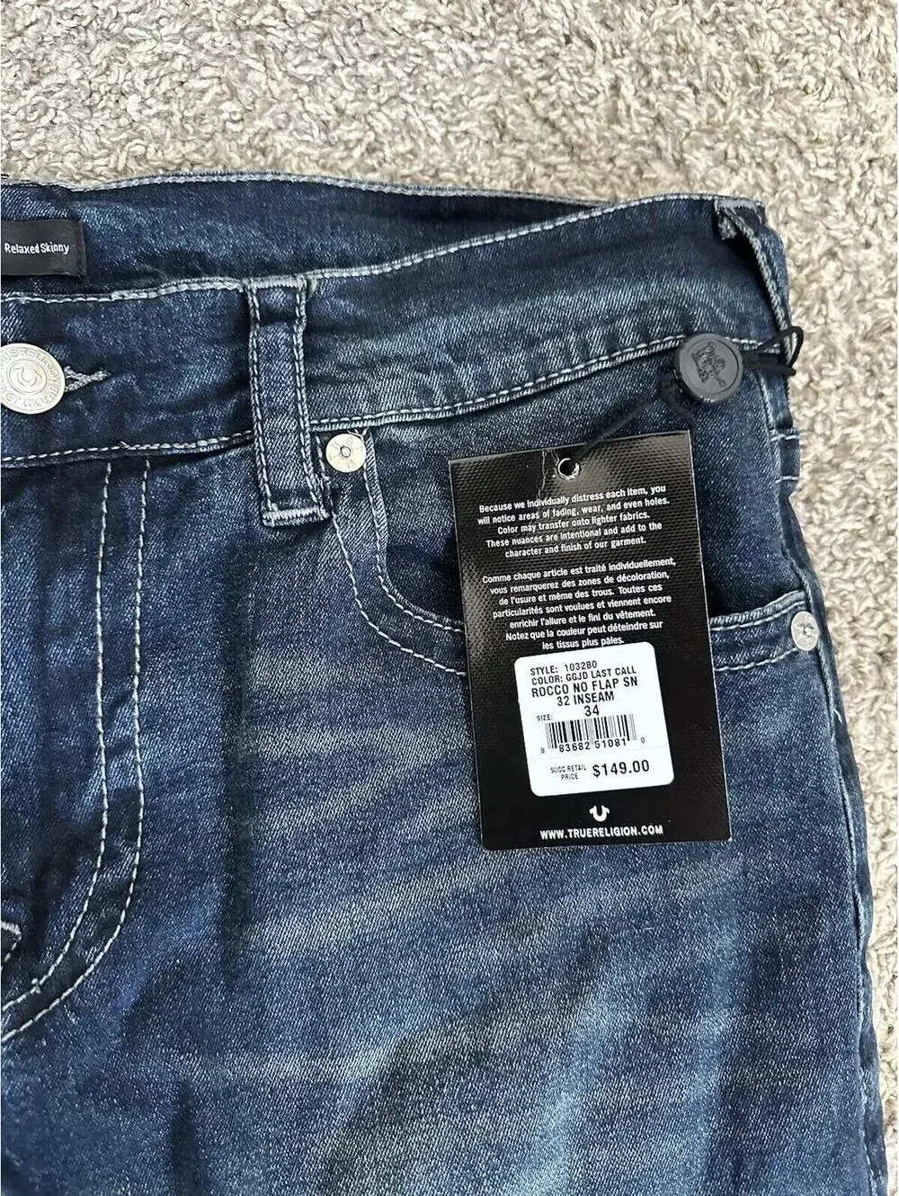 NEW True Religion Rocco Jeans Men's Blue Denim Pants Relaxed Skinny Size 34x32