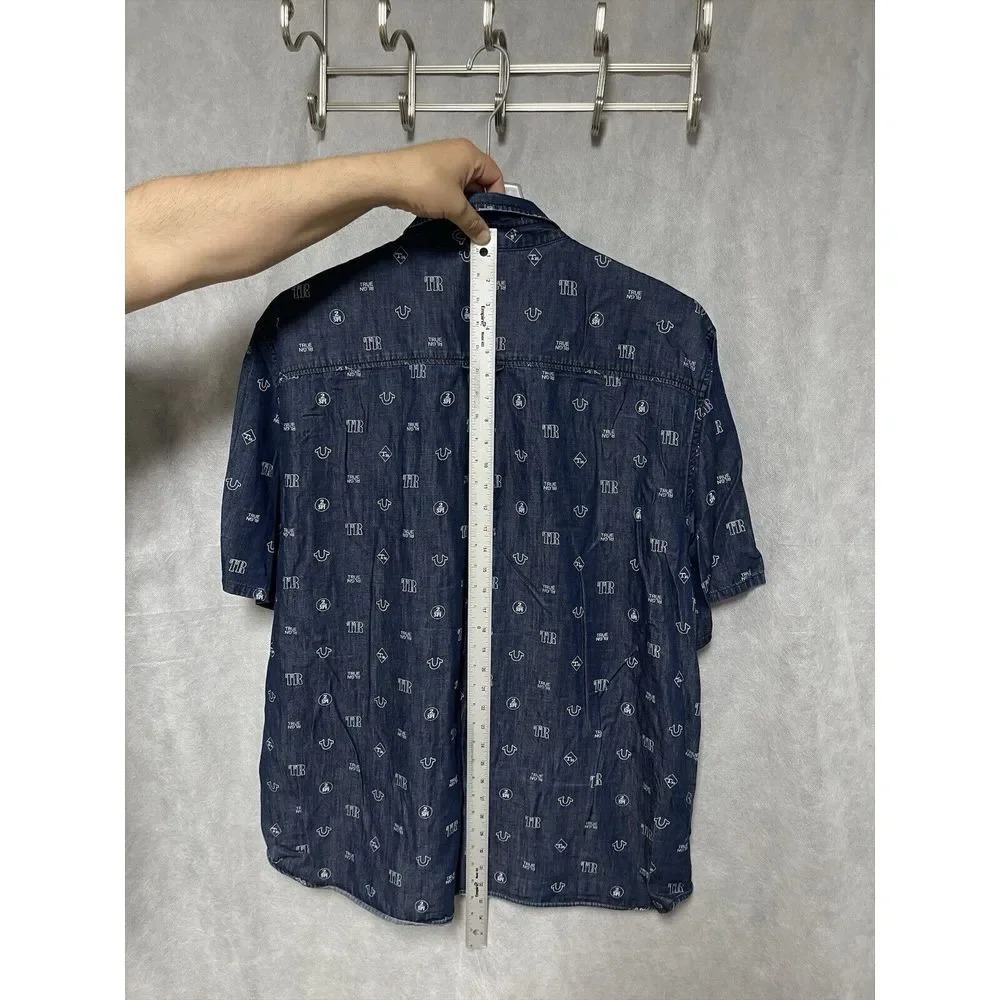 True Religion Shirt Men 3XL Slim Linen Blend Chambray AOP Logo Button Up‎ Mono