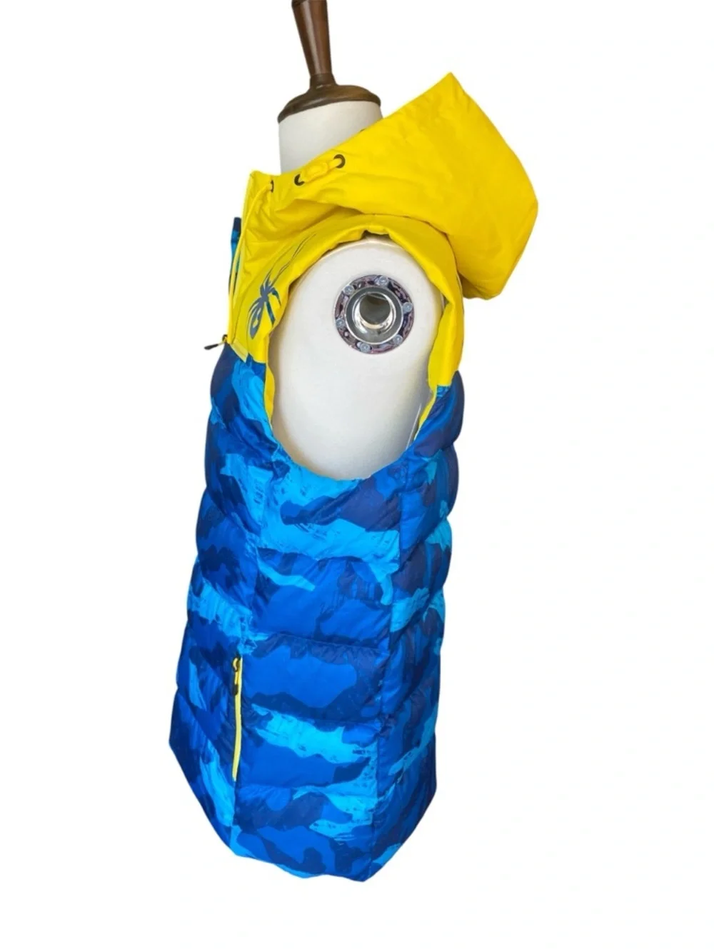 Spyder US Ski Team Puffer Vest Hooded Blue Yellow Camo Men’s Medium