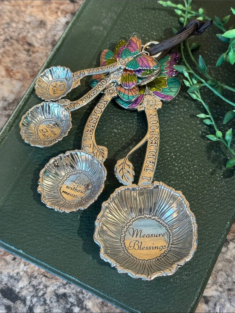 Silver Floral Measuring Spoon Set with Colorful Butterfly Handles