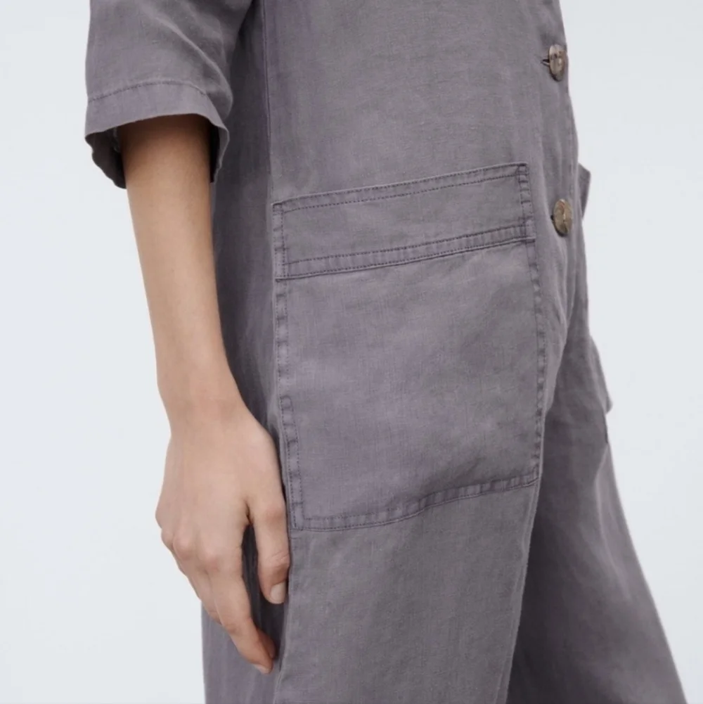 Zara 100% Linen Front Pocket Grey Boiler Jumpsuit Onesie NWT Size Small