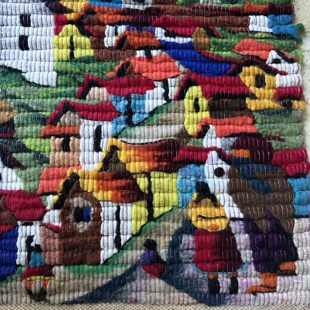 VTG Peruvian Woven Alpaca Wool Folk Art Wall Hanging 17.5x25.5 in Andean Village
