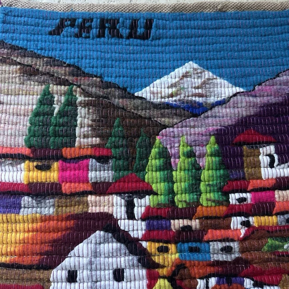 VTG Peruvian Woven Alpaca Wool Folk Art Wall Hanging 17.5x25.5 in Andean Village