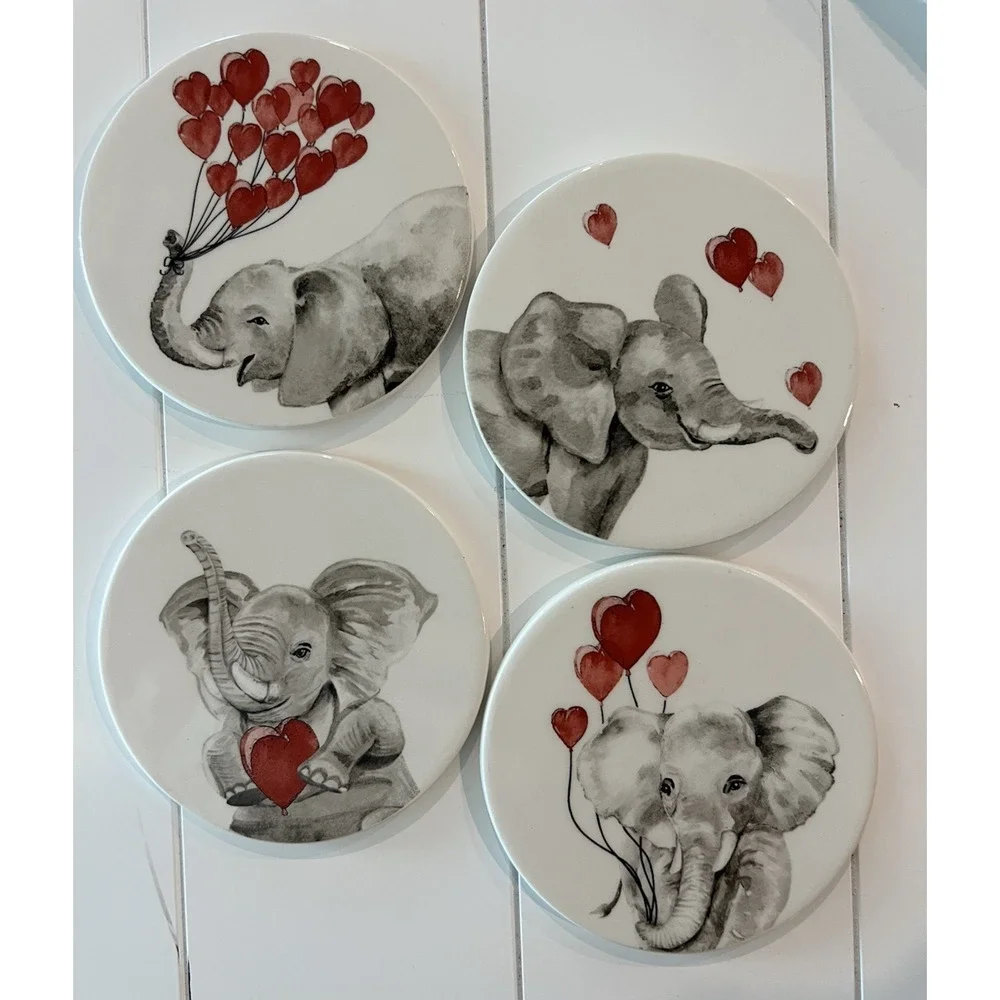 PIER 1-Elephants Heart Balloons Ceramic Drink Coasters Set‎ of 4 Animal-Love-