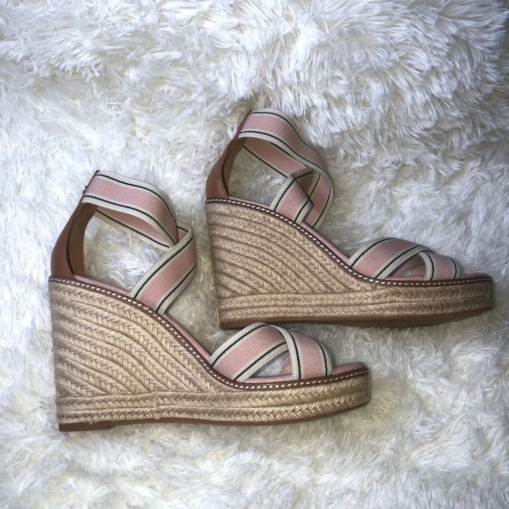 Tory Burch Pink and Tan Wedge Sandals size 10-11