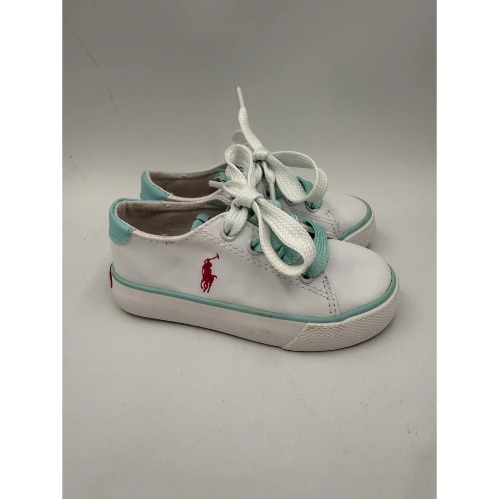 Polo Ralph Lauren Shoes Sneakers White Teal Pink Pony Logo Baby Toddler Size 7