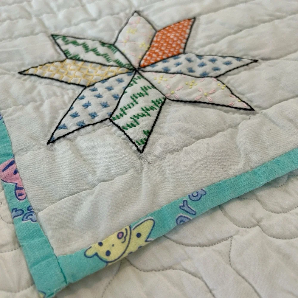 VTG Baby Quilt Hand Embroidered Elephant 39 X 34 Animals Nursery 80s 90s