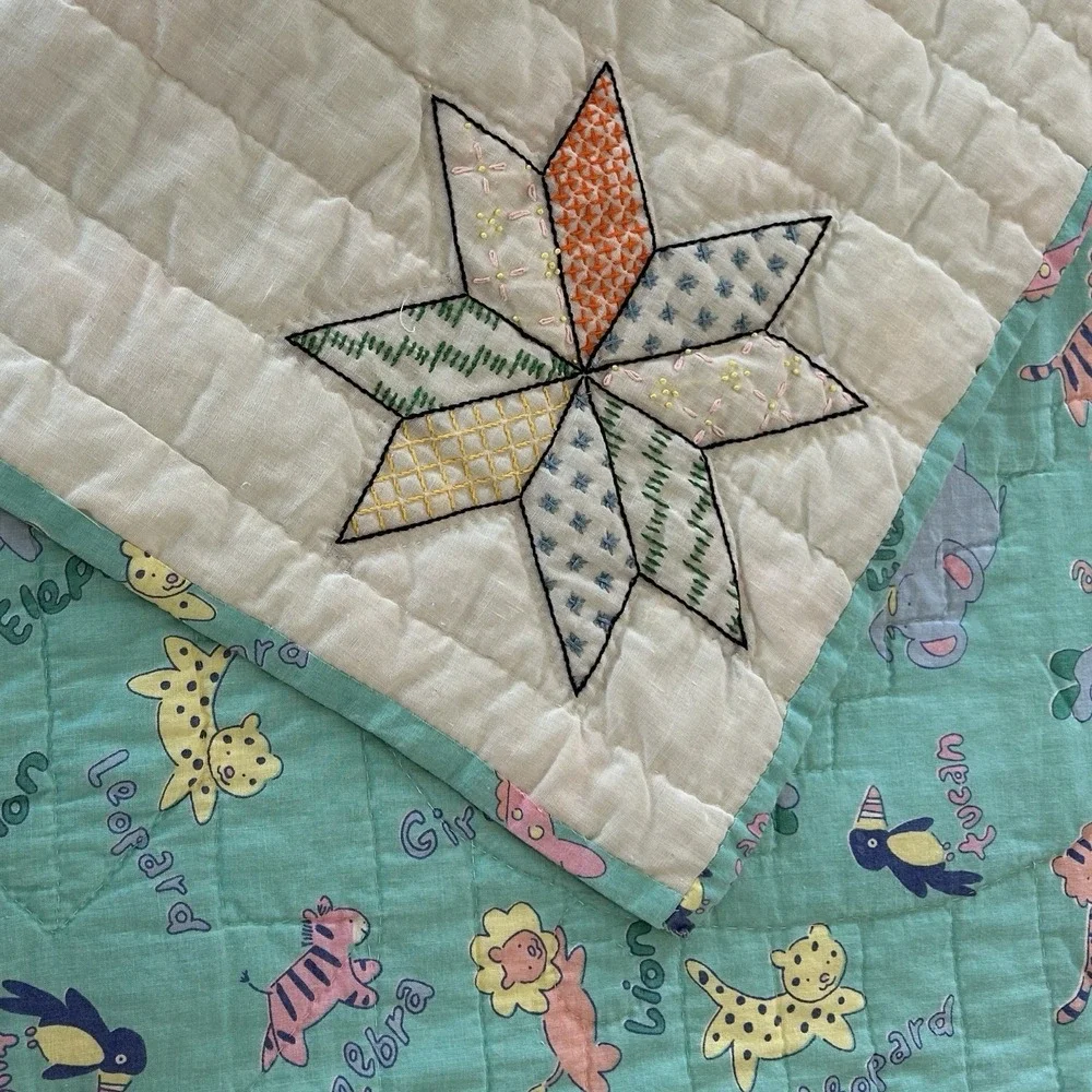 VTG Baby Quilt Hand Embroidered Elephant 39 X 34 Animals Nursery 80s 90s
